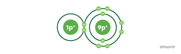 A molecule of hydrofluoric acid (HF) is represented using Rutherford-Bohr’s model.