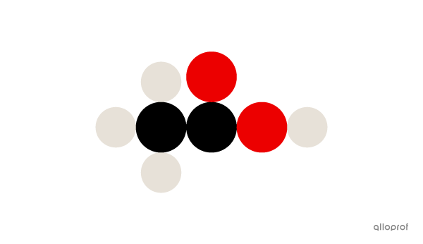 A molecule of acetic acid, formed by two atoms of oxygen, two atoms of carbon and two atoms of hydrogen, is represented using Dalton’s atomic model.