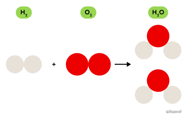 Water molecules (H2O) are formed from hydrogen molecules (H2) and oxygen molecules (O2).