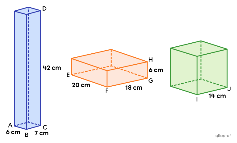 Three rectangular-based prisms with the same area.