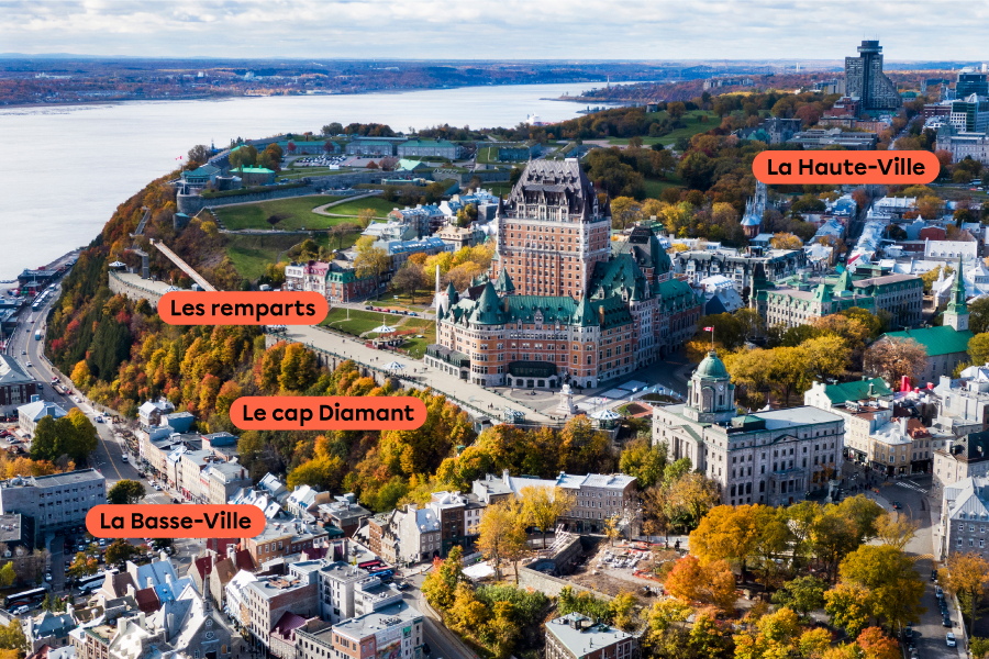 Photographie du Vieux-Québec avec les zones identifiées.