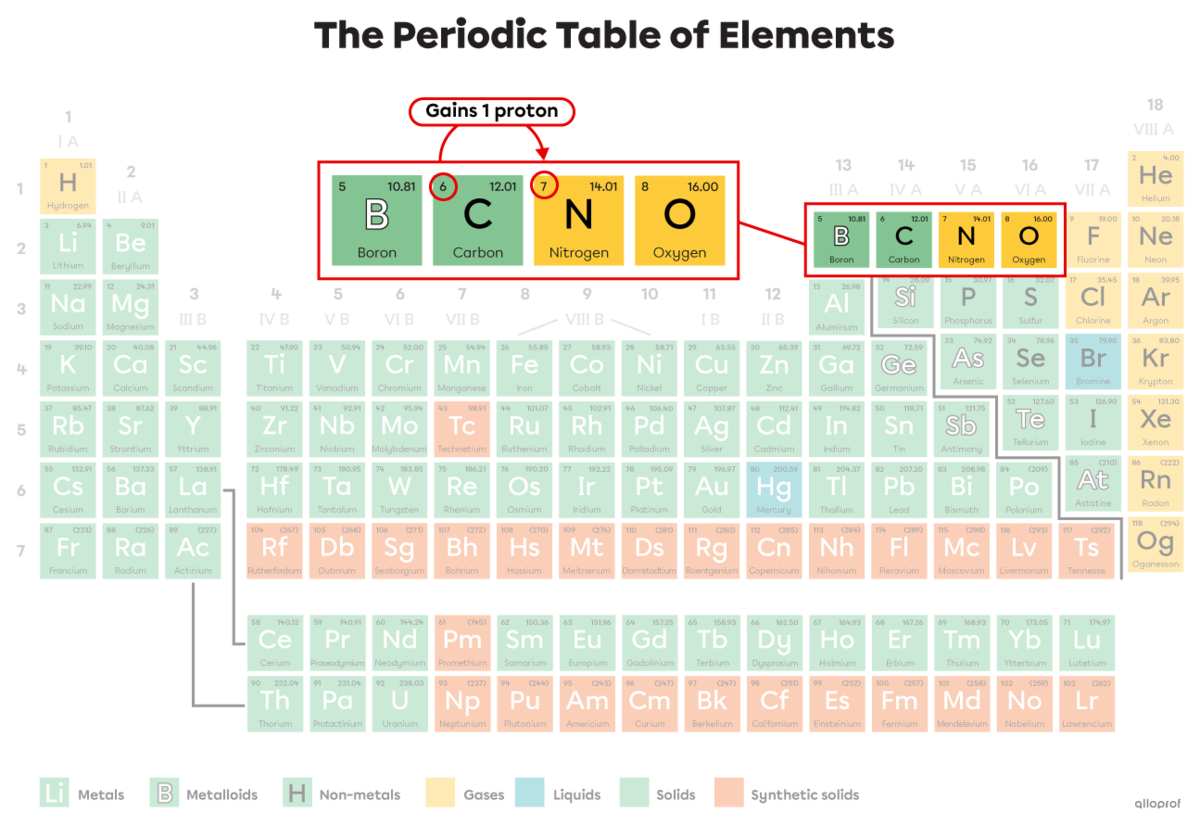 Nuclear decay of carbon (C) into nitrogen (N) by beta radiation.