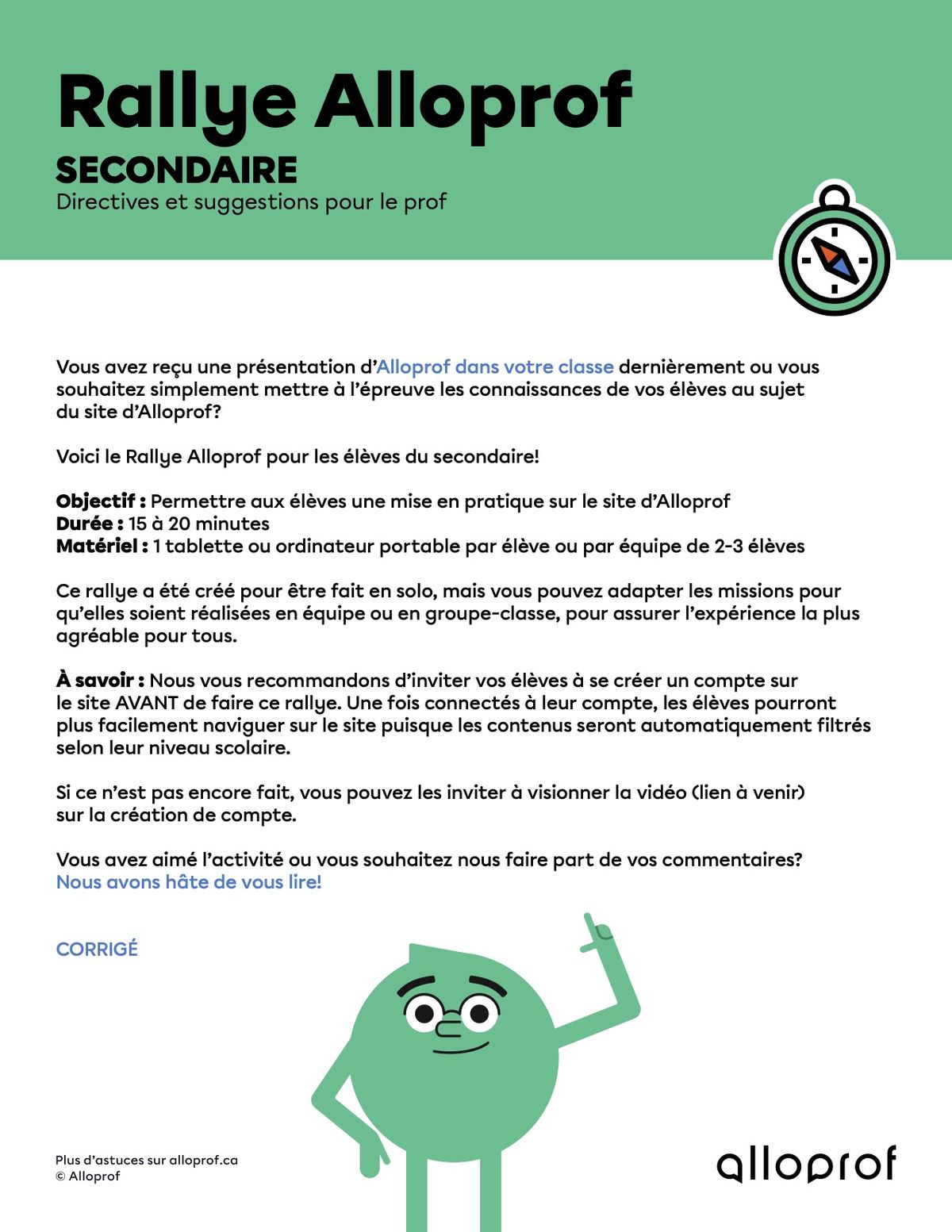 rallye alloprof pour le secondaire