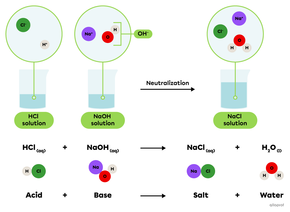 The chemical equation for the neutralization of sodium hydroxide by hydrochloric acid.