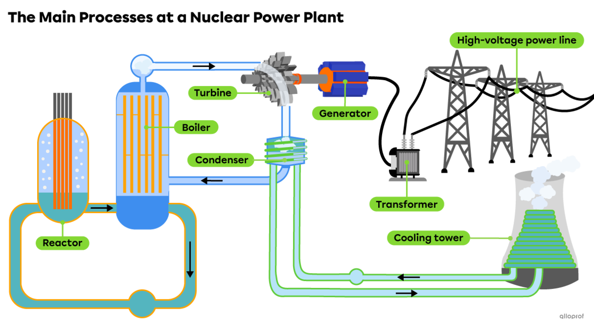 The main components of a nuclear power plant are a reactor, a boiler, a turbine-generator unit, a transformer, high-voltage power lines, a condenser and a cooling tower.