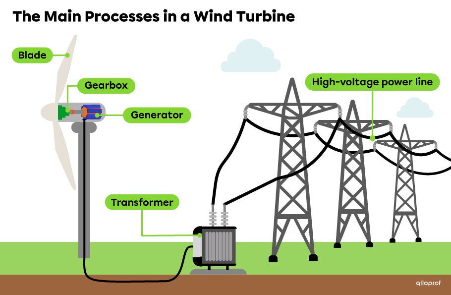 The main components of a wind turbine are the blades on top of a mast, a gearbox and an alternator.