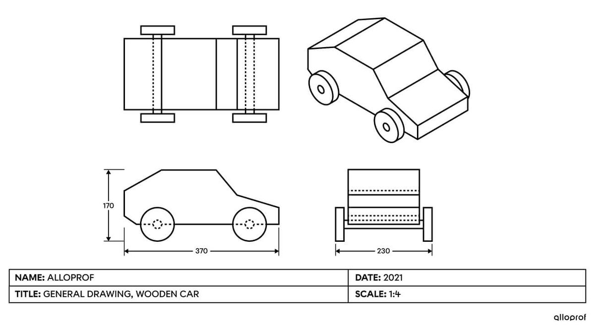 The general drawing of a wooden car using isometric and multiview projections.