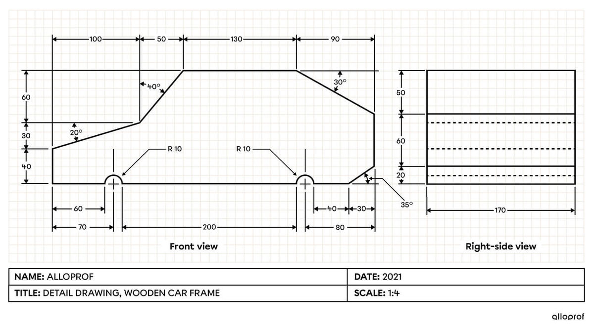 The detail drawing of a wooden car frame showing all the measurements needed to manufacture it.