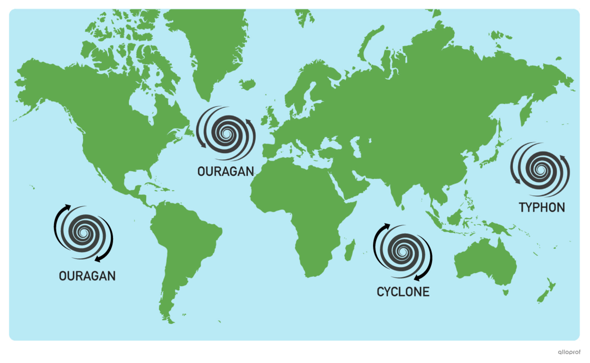 Les cyclones, les ouragans et les typhons sur la carte du monde.