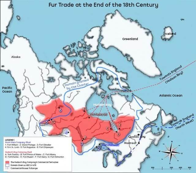 Territory explored by Hudson’s Bay Company and North West Company in the 18th century.