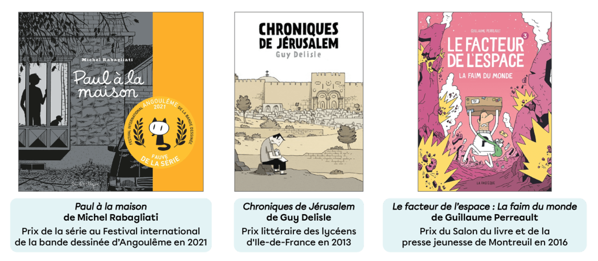 « Paul à la maison », « Chroniques de Jérusalem » et « Le facteur de l’espace » sont des bandes dessinées québécoises s’étant illustrées à l’étranger.