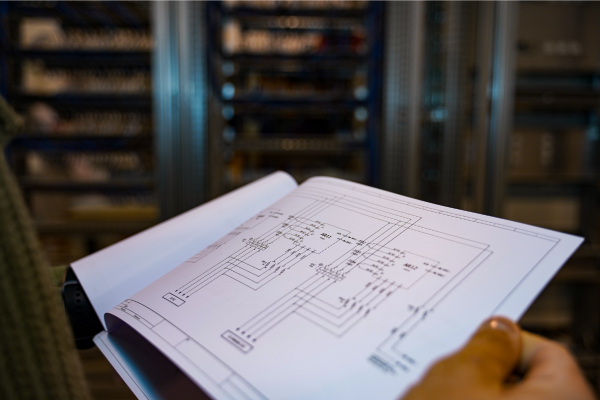 A person is consulting the electrical diagram of a factory.