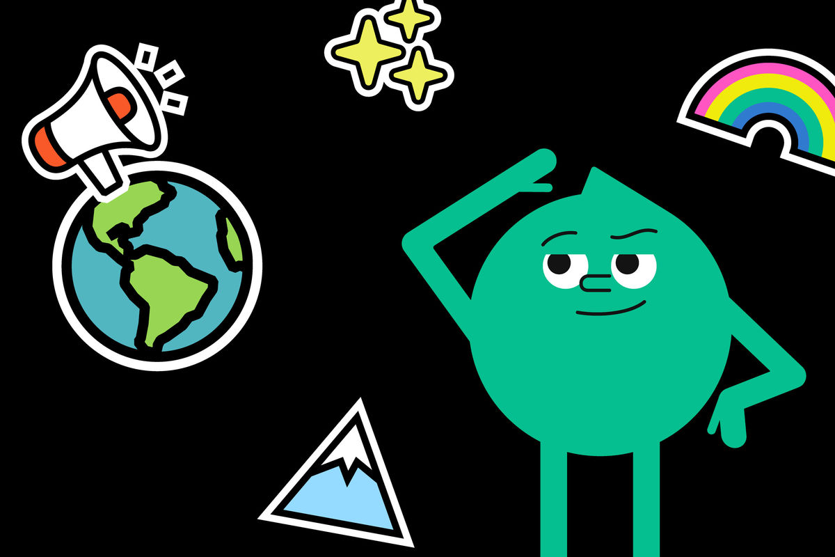 Flo entouré de pictogrammes représentant différents endroits du monde.