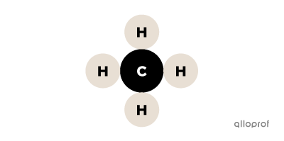 A methane molecule made up of one black ball (C) and 4 white balls (H).