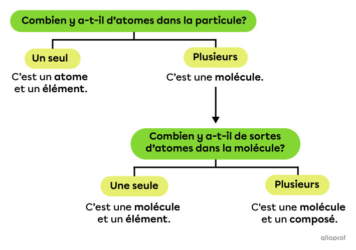 Si la particule est faite d’un seul atome, c’est un atome et un élément. S’il y a plusieurs atomes, c’est une molécule. Si la molécule contient une seule sorte d’atomes, elle est aussi un élément. Si la molécule contient plusieurs sortes d’atomes, elle est aussi un composé.