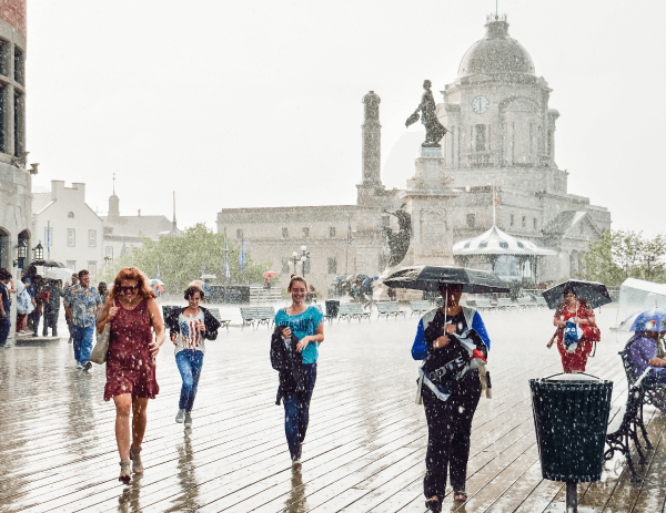 Rain falling on Dufferin Terrace in Quebec City.