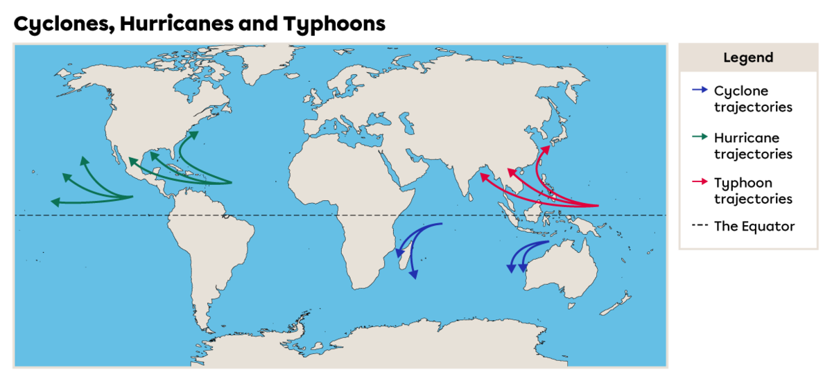 Map of Cyclone, Hurricane and Typhoon Trajectories.