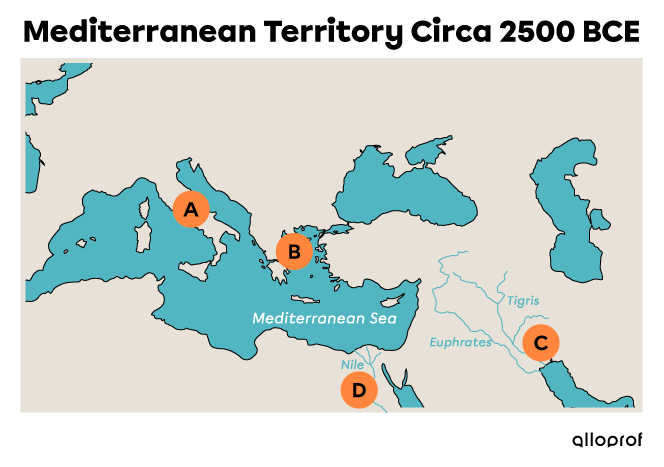 Map of the territories around the Mediterranean circa 2500 BCE.