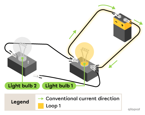 Two light bulbs are connected in parallel to form two loops through which the current can flow. The current does not flow through Bulb 2 in Loop 2, because one of the wires has been disconnected from Bulb 2. Current is still flowing through Bulb 1, because its loop is intact.