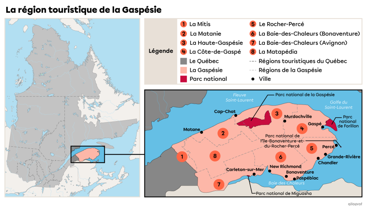 Carte de la région touristique de la Gaspésie.