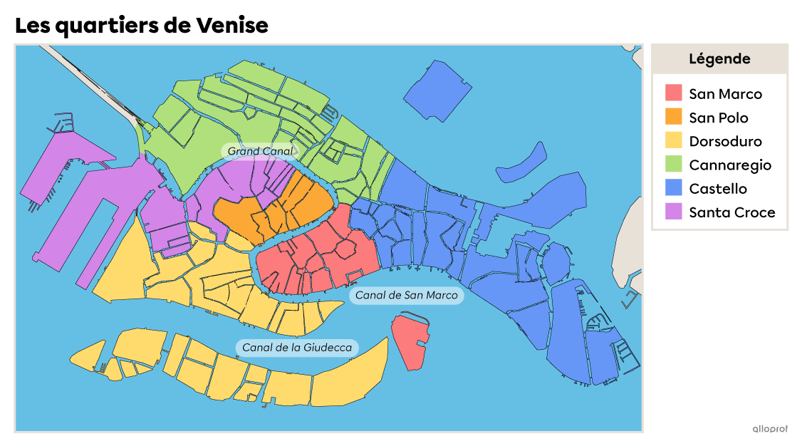Carte présentant les 6 quartiers du centre historique de Venise.