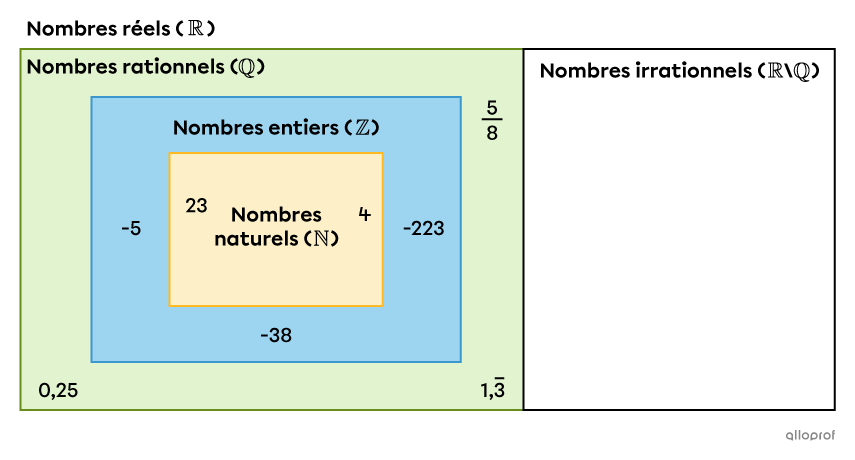 Les nombres rationnels dans l’ensemble des nombres réels.