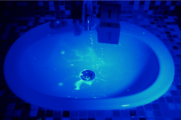 A photograph of a stain that emits blue light in the sink.