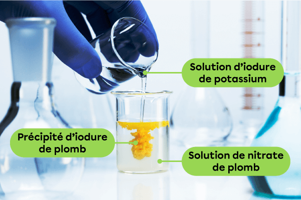 La photographie d’un changement chimique au contact de deux substances liquides formant un nouveau solide jaune.