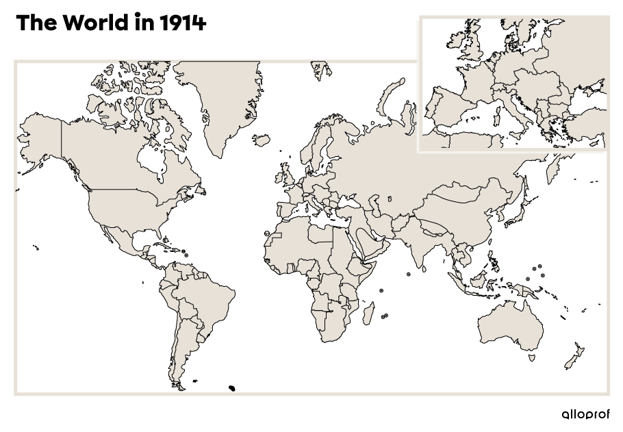 World map with the borders in 1914.