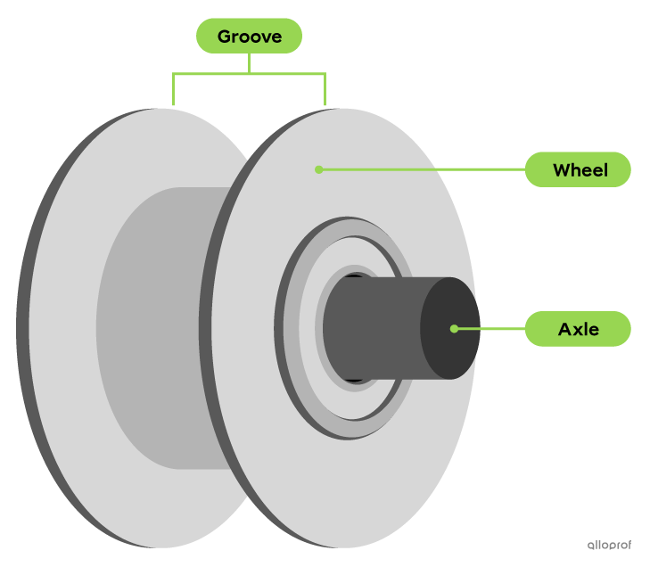 The groove, wheel and axle of a pulley.