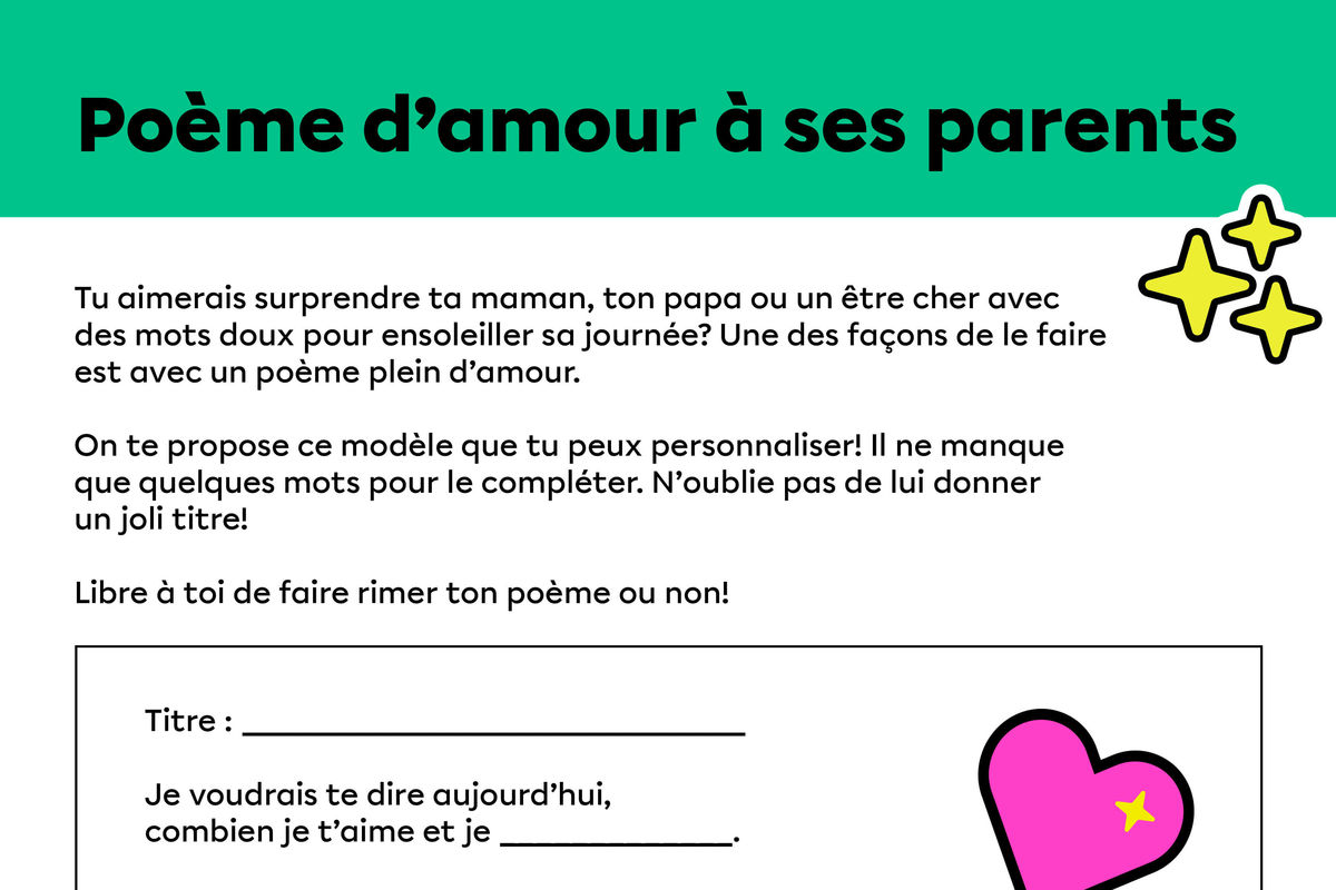 Activité d’écriture : modèle personnalisable de poème d’amour destiné aux parents.