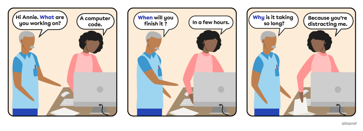 Dialogue in 3 panels with information question examples.