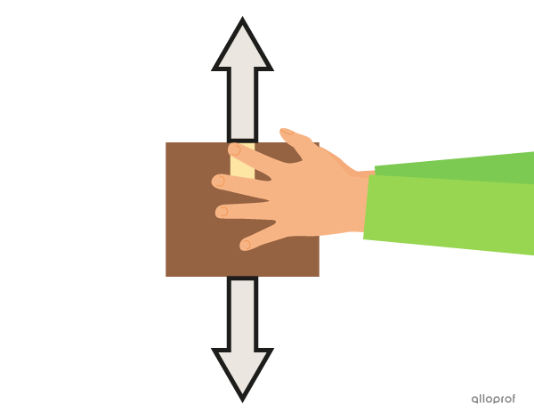 The box is pulled downwards. The hand applies an upward force to lift the box.