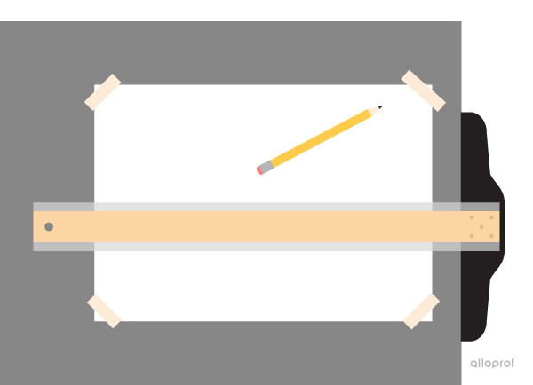 A sheet of paper fixed to the drawing board with sticky paper, a T-square and a lead pencil.