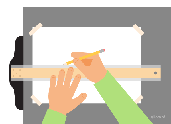 A right-handed person uses a T-square to draw a horizontal line. The sheet of paper is attached to a drawing board.