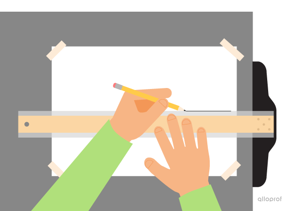 A left-handed person uses a T-square to draw a horizontal line. The sheet of paper is attached to a drawing board.