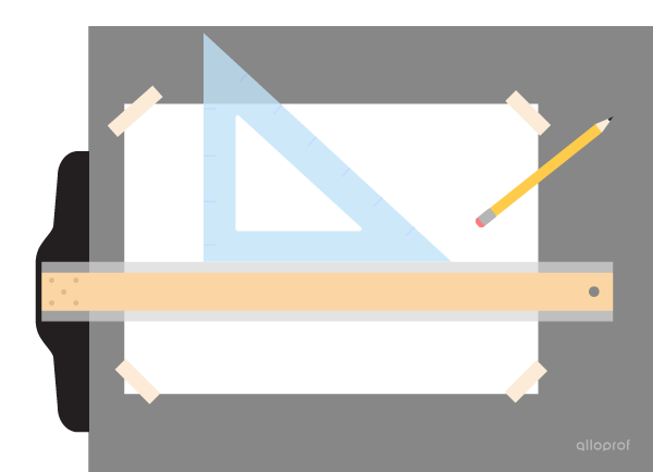 A sheet of paper fixed to the drawing board with sticky paper, a T-square, a set square and a lead pencil.