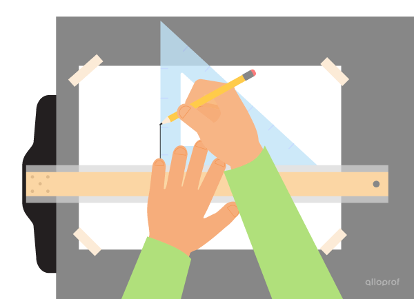 A right-handed person uses a T-square and a set square to draw a vertical line. The sheet of paper is attached to a drawing board.