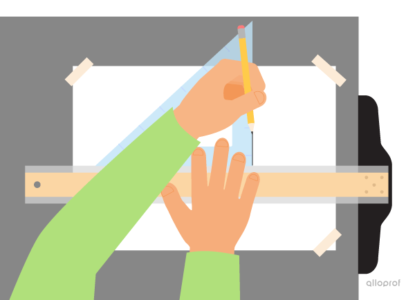 A left-handed person uses a T-square and a set square to draw a vertical line. The sheet of paper is attached to a drawing board.