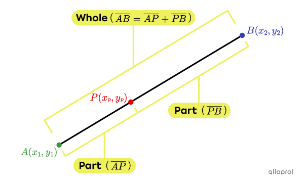 Illustration of the two parts formed by a division point on a line segment AB.