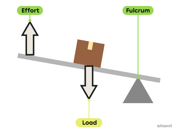 A long board is supported at one end by the fulcrum. The effort force is applied at the other end. There is a box (load) in the middle of the board.