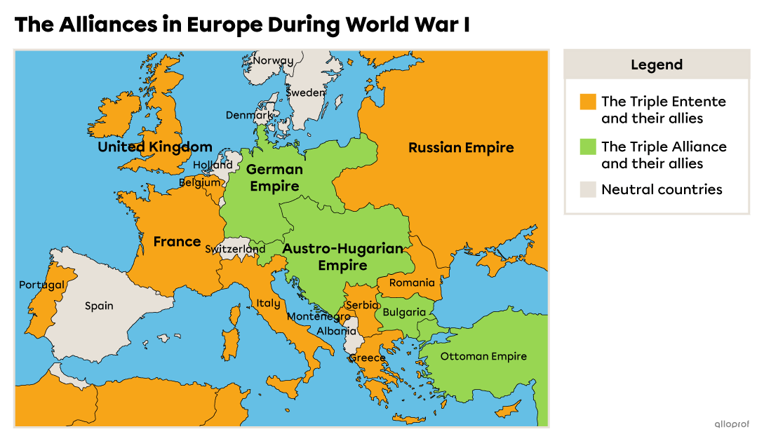 Map of the alliances in Europe during World War I.