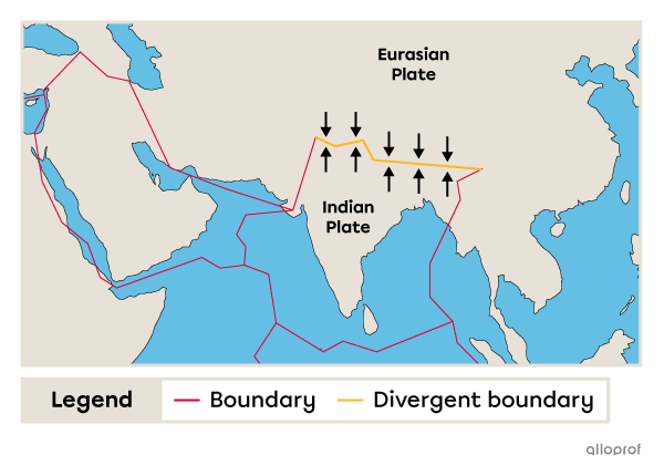 A map showing the location of a convergent boundary between the Eurasian Plate and the Indian Plate.