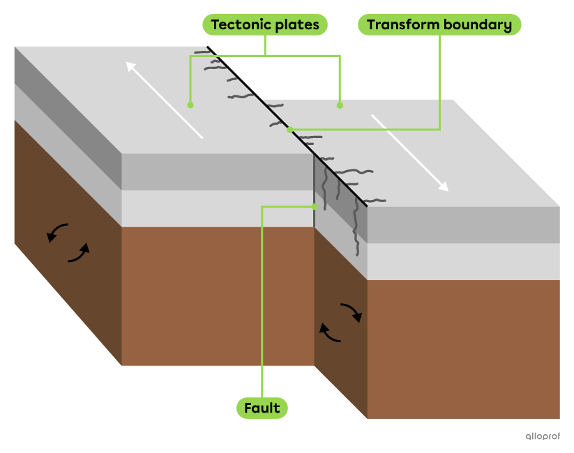 The diagram shows two tectonic plates in contact, moving in parallel and opposite directions along a transform boundary.