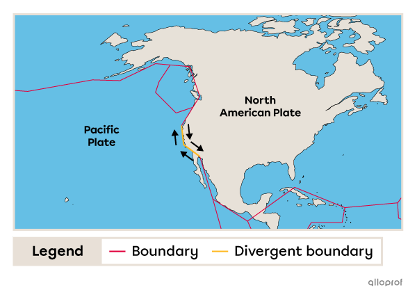 A map showing the location of a transform boundary between the Pacific Plate and the North American Plate.