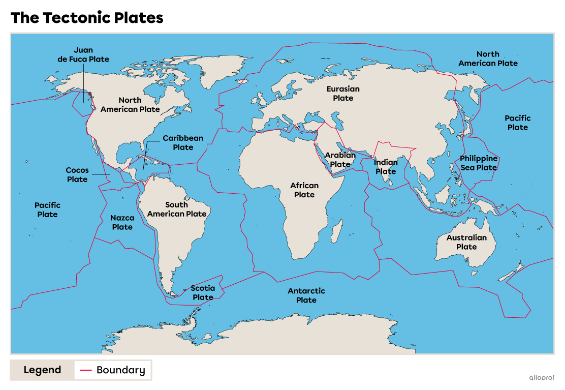 A map representing the lithosphere divided into 15 main tectonic plates: Juan de Fuca Plate, Pacific Plate, North American Plate, Cocos Plate, Caribbean Plate, Nazca Plate, South American Plate, Scotia Plate, Antarctic Plate, Eurasian Plate, African Plate, Arabian Plate, Indian Plate, Australian Plate and Philippine Sea Plate. 