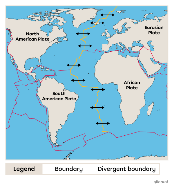 A map of the world showing the extent of the Mid-Atlantic Ridge, which forms at the divergent boundary between the Eurasian Plate and the North American Plate, and between the African Plate and the South American Plate.