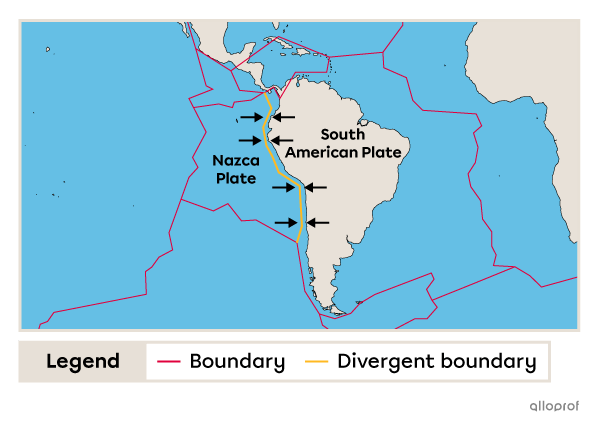 A map showing the convergent boundary between the Nazca Plate and the South American Plate.