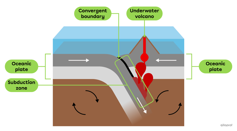 A diagram showing the location of a subduction zone formed when two oceanic plates collide along a convergent boundary.