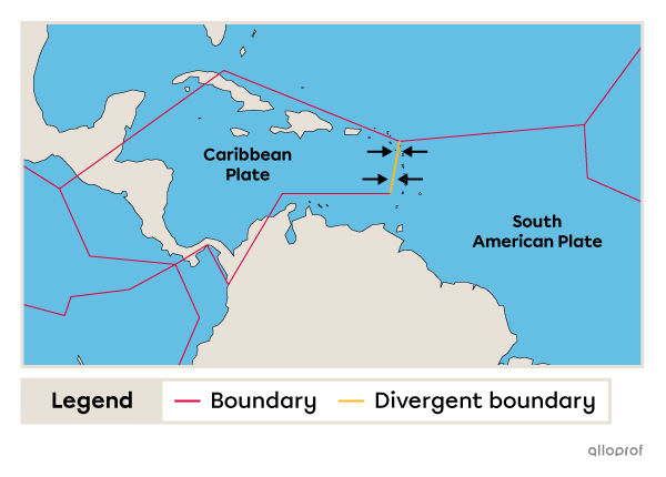 A map showing the location of a convergent boundary between the Caribbean Plate and the South American Plate.